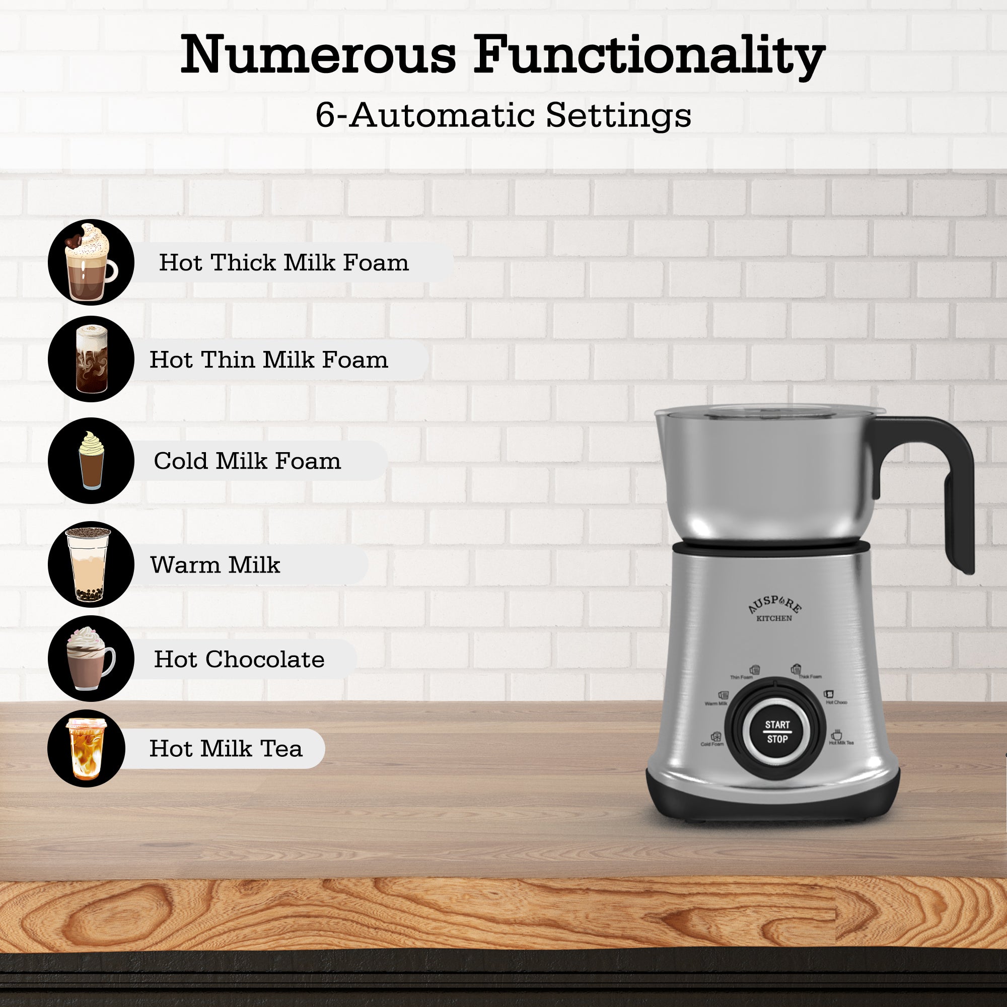 AUSPURE Milk Frother Advanced, Hot and Cold Milk Foam Maker, Milk Jug, 6-in-1 Modes