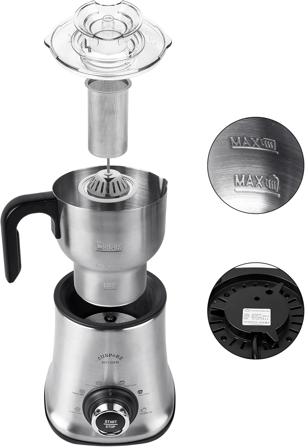 AUSPURE Milk Frother Advanced, Hot and Cold Milk Foam Maker, Milk Jug, 6-in-1 Modes