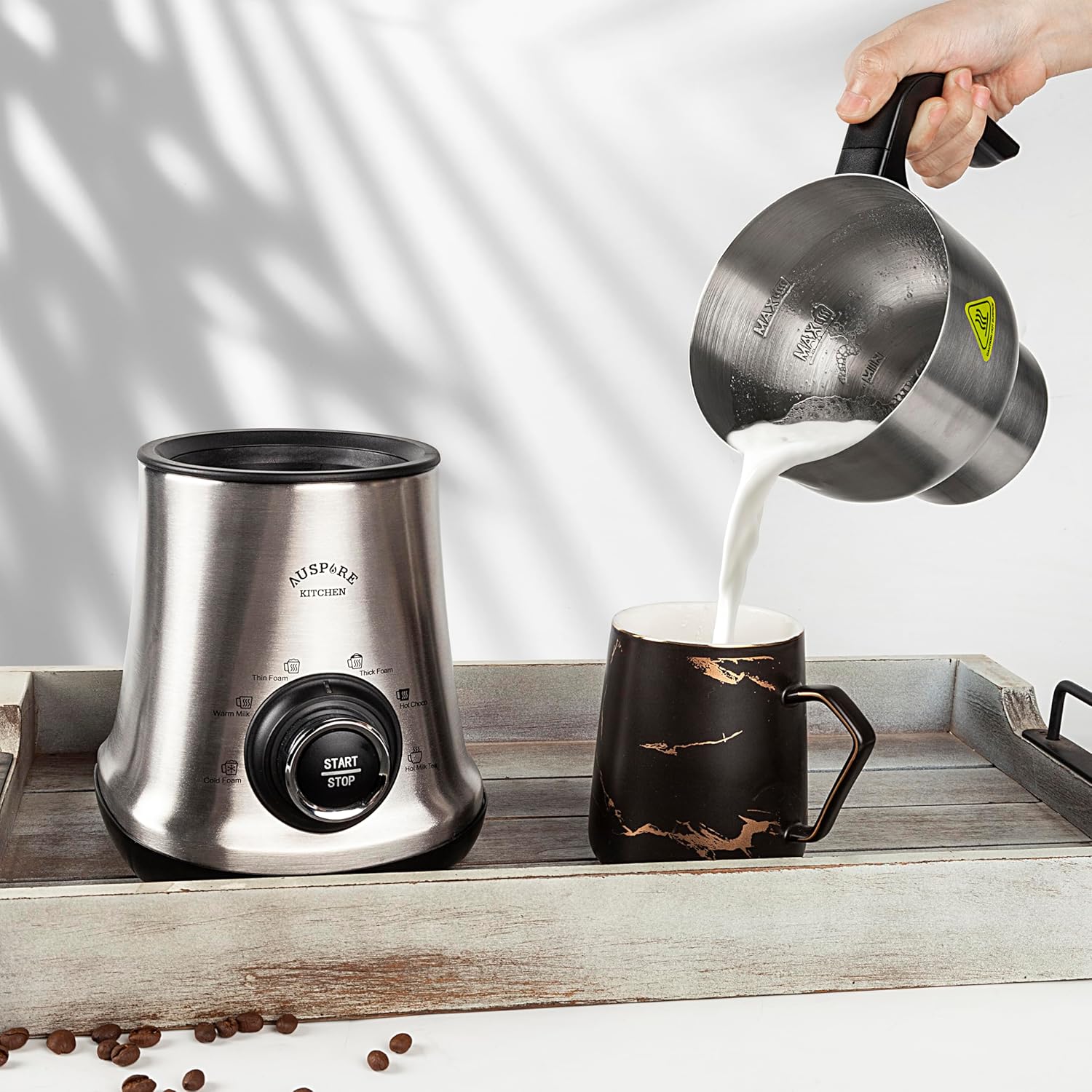 AUSPURE Milk Frother Advanced, Hot and Cold Milk Foam Maker, Milk Jug, 6-in-1 Modes
