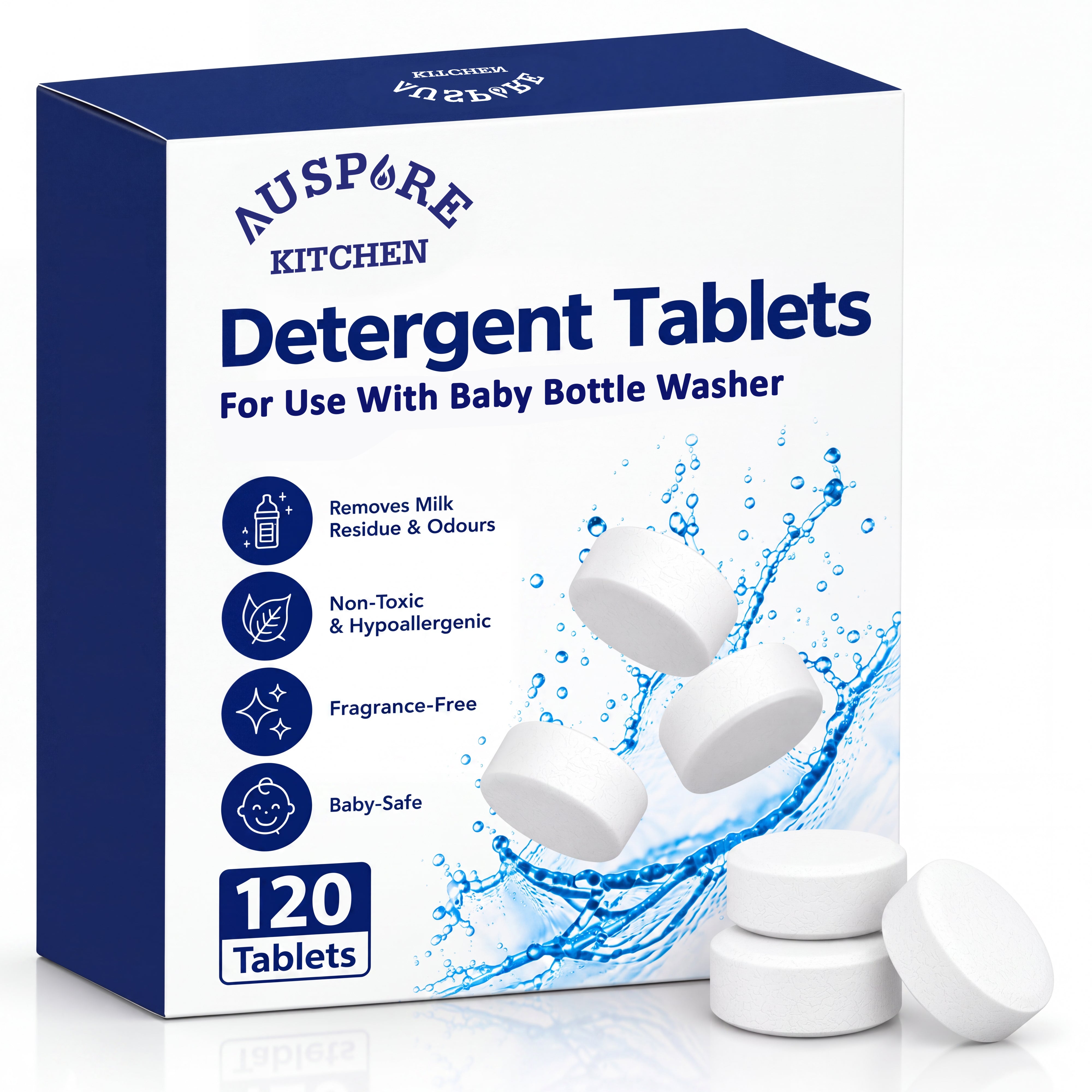 AUSPURE Baby Bottle Washer Detergent Tablets - Powerful, Gentle & Residue-Free Cleaning, 120 Tablets