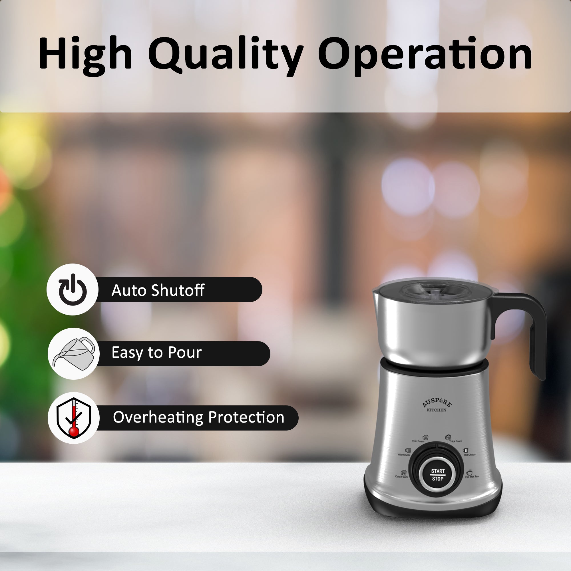 AUSPURE Milk Frother Advanced, Hot and Cold Milk Foam Maker, Milk Jug, 6-in-1 Modes, for Hot Milk Tea, Coffee Latte, Cappuccino, Hot Chocolates, Thin & Tick Foam, 2-Yr Warranty