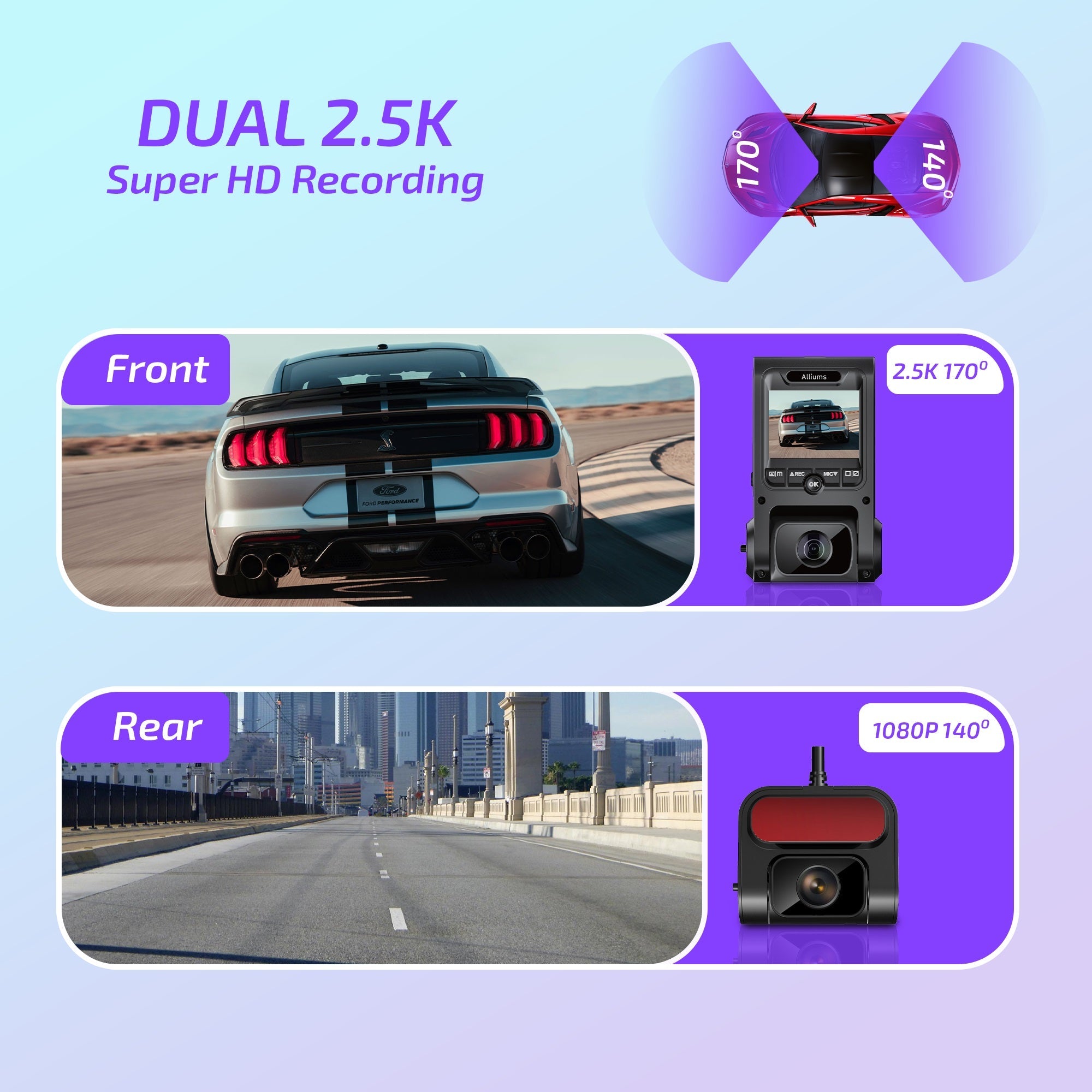 AUSPURE Dash Cam 2.5K Duo Front and Rear Dash Cameras