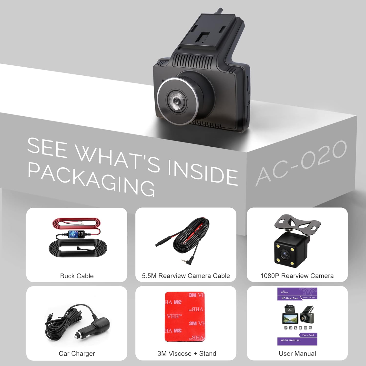 AUSPURE 2K Dash Cam with Front and Rear Camera