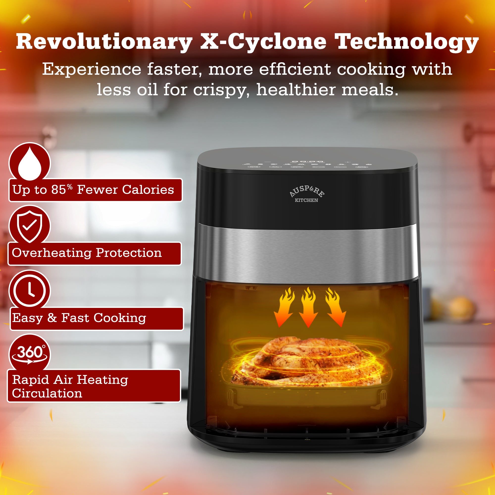 AUSPURE Air Fryer 7L Premium Digital, X Cyclone Tech, 10 Cooking Functions