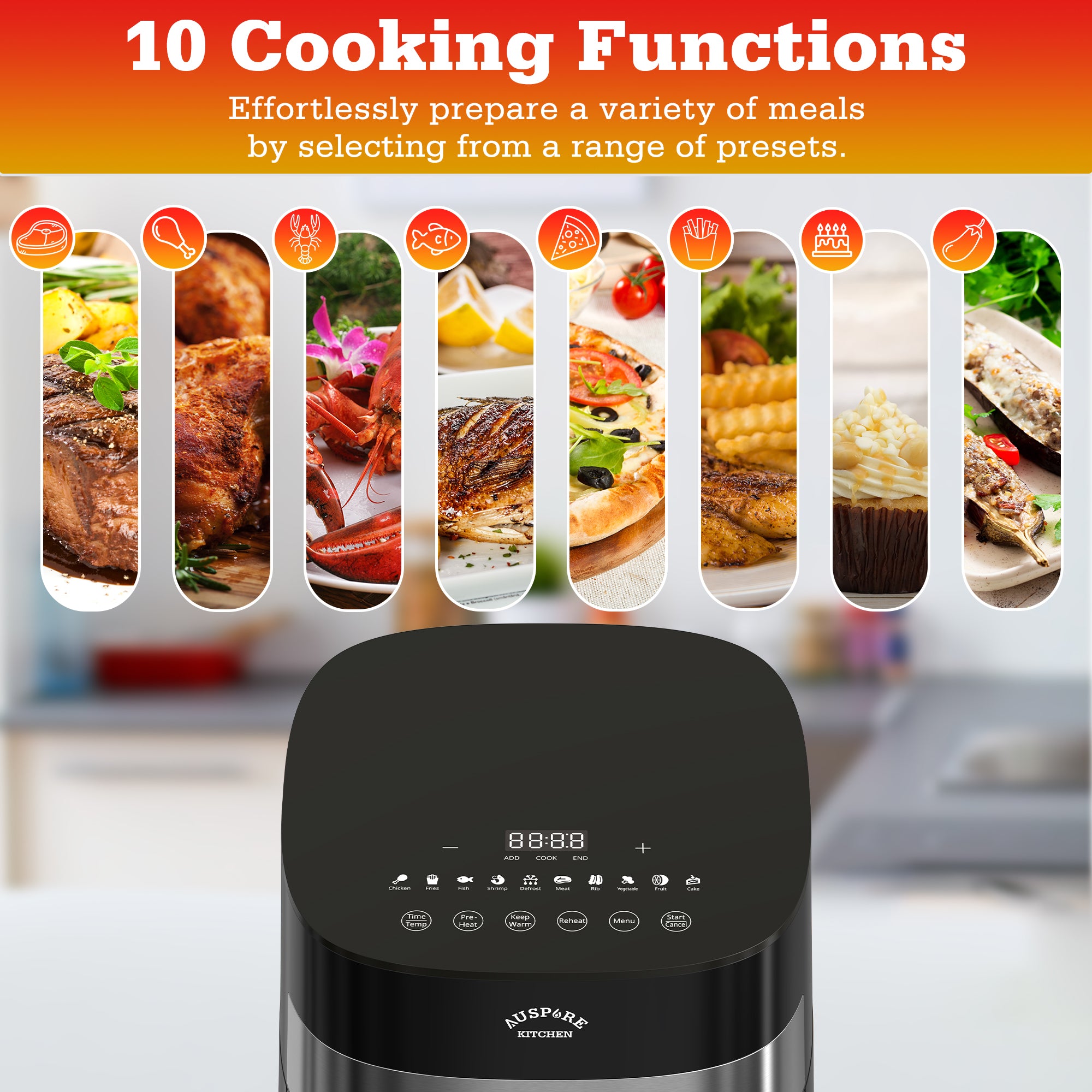 AUSPURE Air Fryer 7L Premium Digital, X Cyclone Tech, 10 Cooking Functions