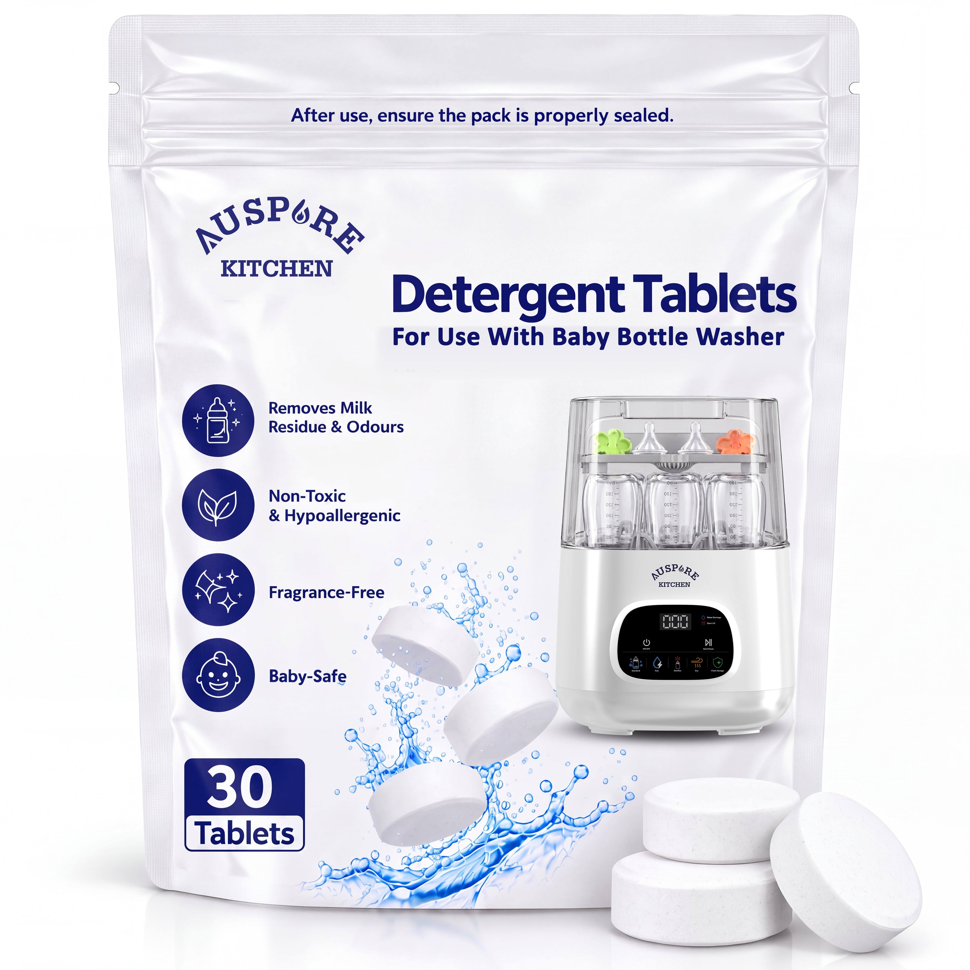 AUSPURE Baby Bottle Washer Detergent Tablets - Powerful, Gentle & Residue-Free Cleaning, 30 Tablets