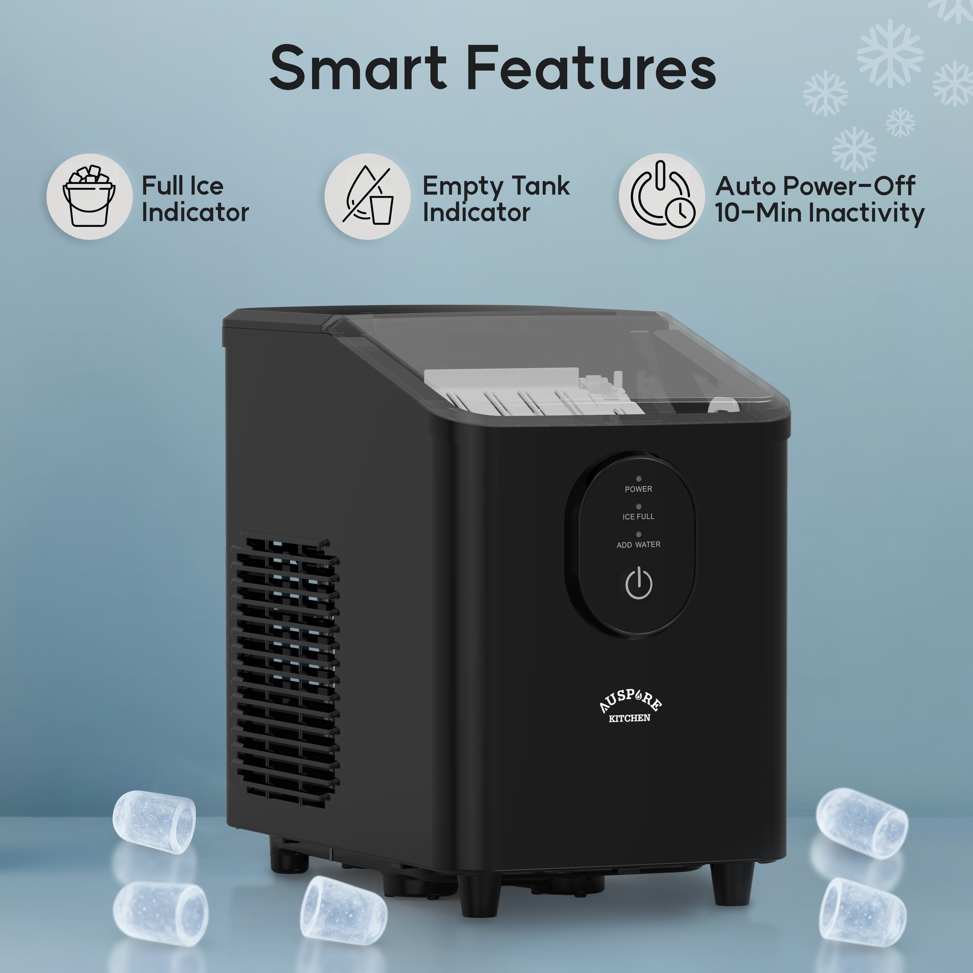 Auspure Ice Maker, Smart Indicators & Compact Design, Black