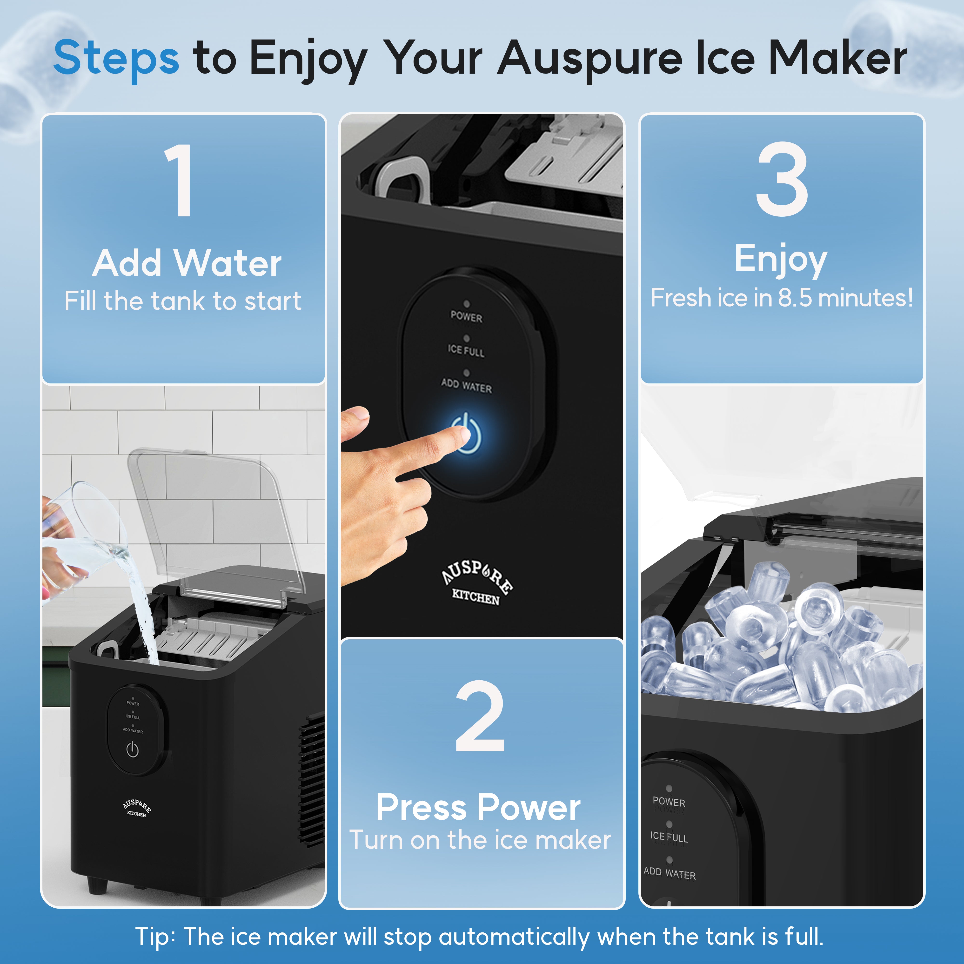 Auspure Ice Maker, Smart Indicators & Compact Design, Black